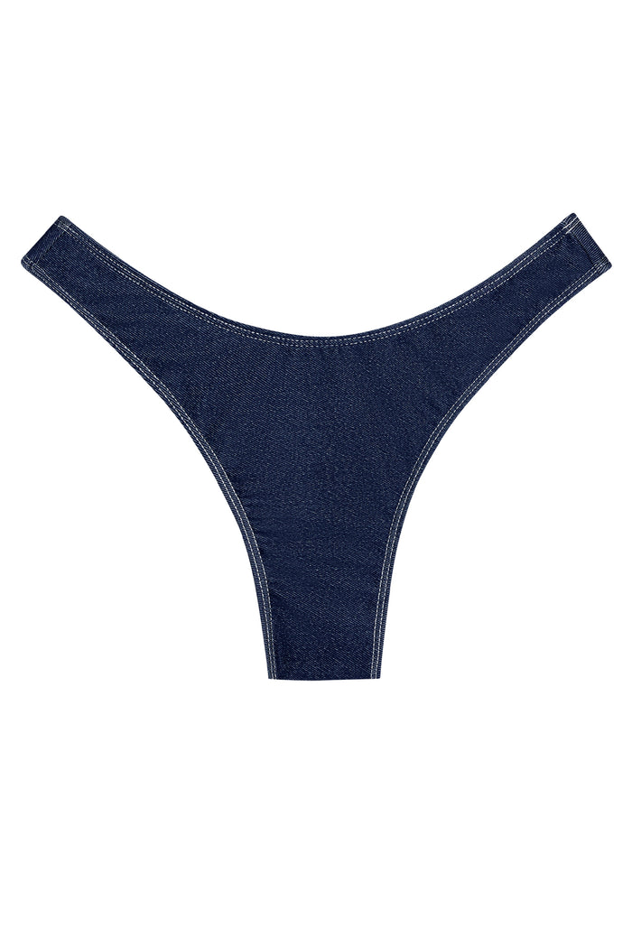 Front view of Byron mid-rise swim bottom in blue denim with high-cut sides and white topstitching on white background