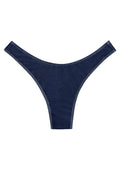 Front view of Byron mid-rise swim bottom in blue denim with high-cut sides and white topstitching on white background