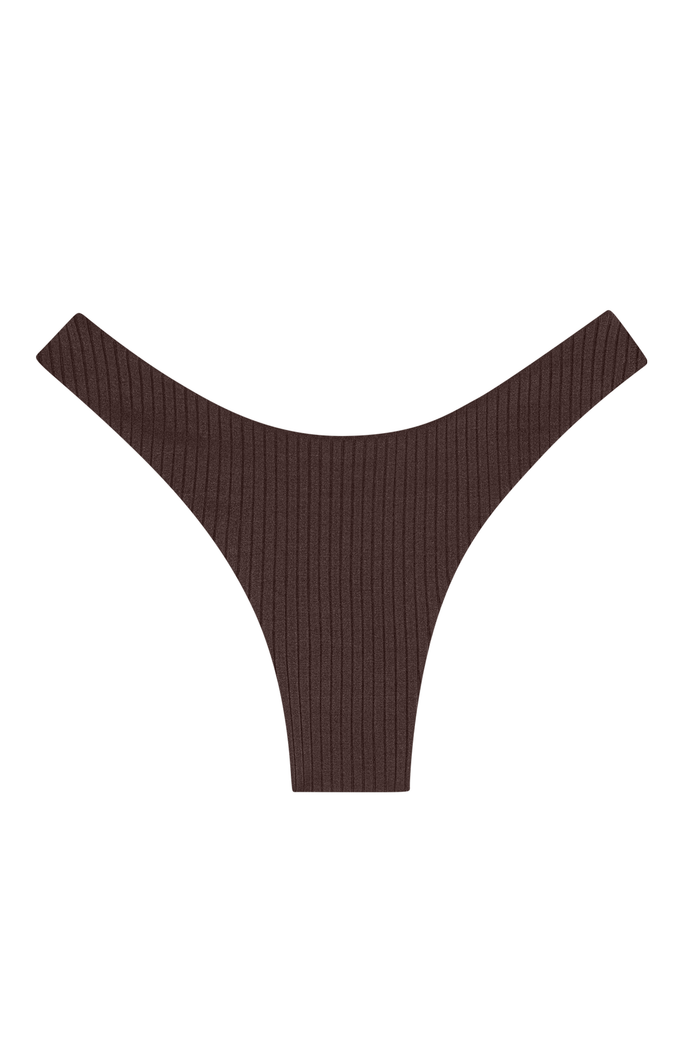 Flat lay front view of Byron Bottom showcasing high-cut leg and espresso wide-rib texture on white background