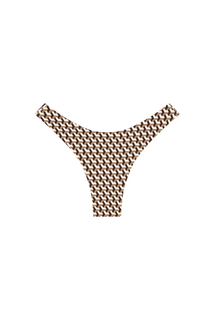 Front view of Byron Bottom showcasing high-cut V-front and brown-and-cream Husk Geo geometric print on white background