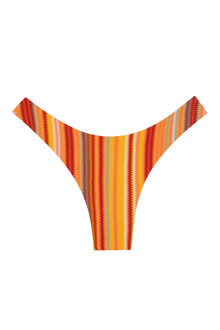 Flat lay front view of Byron Bottom in Sardinia Stripe showcasing mid-rise cut and textured warm orange-red striped pattern on white background