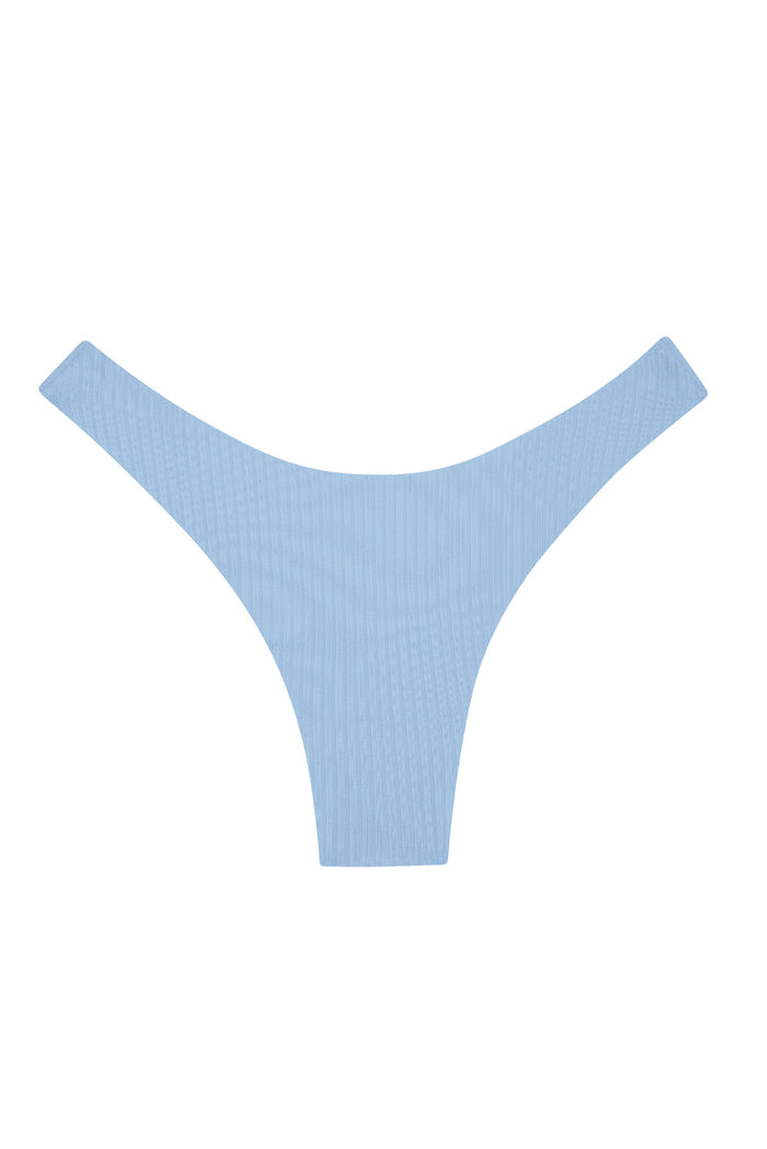 Flat lay front view of Byron bottom in Sky Rib showcasing ribbed texture and high-cut leg silhouette on white background