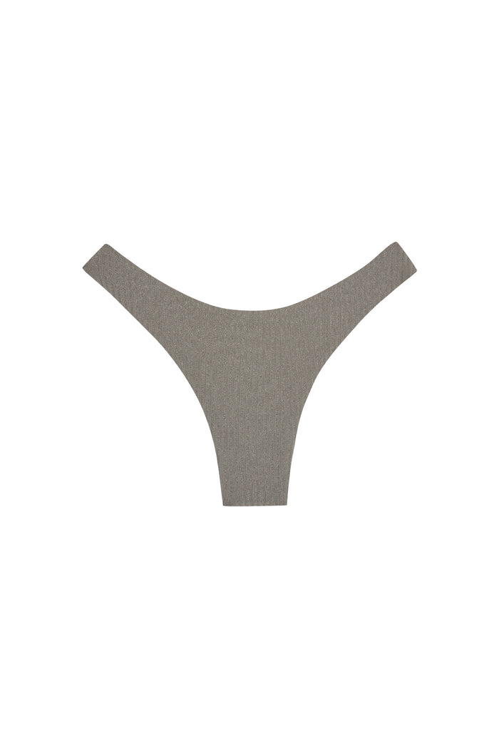 Front view of Byron Bottom in Steel Lurex Rib showing high-cut thong silhouette and ribbed metallic texture on white background