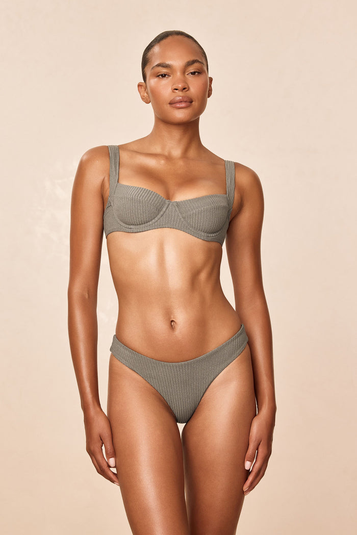 Front view on model of Byron Bottom in Steel Lurex Rib showing mid rise cheeky coverage and ribbed shimmer fabric