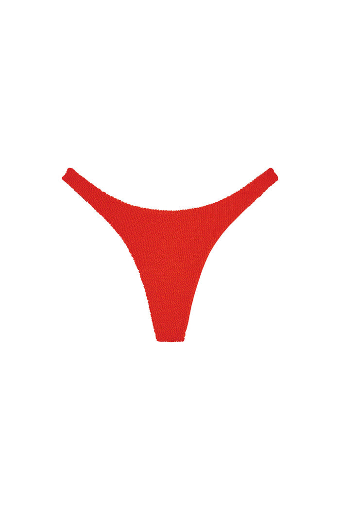 Front view of Byron Thong in Chili Pepper crinkle showcasing high‑cut thong fit and textured crinkle fabric on white background