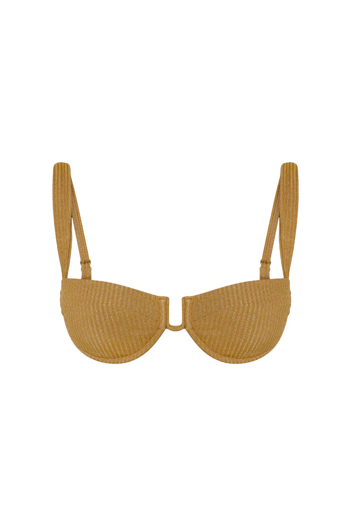 Front view of Cala Roja Top in antique gold lurex rib showing underwire cups, U-shaped center and adjustable straps on white background