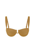 Front view of Cala Roja Top in antique gold lurex rib showing underwire cups, U-shaped center and adjustable straps on white background
