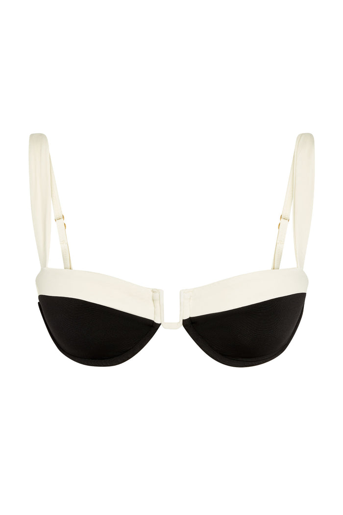 Front close-up of Cala Roja Top in Black and Ivory showing balconette underwire, U-shaped clasp and ivory trim on white background
