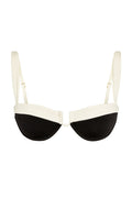 Front close-up of Cala Roja Top in Black and Ivory showing balconette underwire, U-shaped clasp and ivory trim on white background