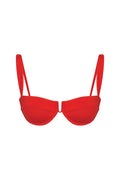 Front view of Cala Roja Top in Chili Pepper showing underwire cups with U wire center and shoulder straps on white