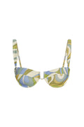Front view of Cala Roja top in Costa Rei Apple print showcasing underwire cups and adjustable straps on white background