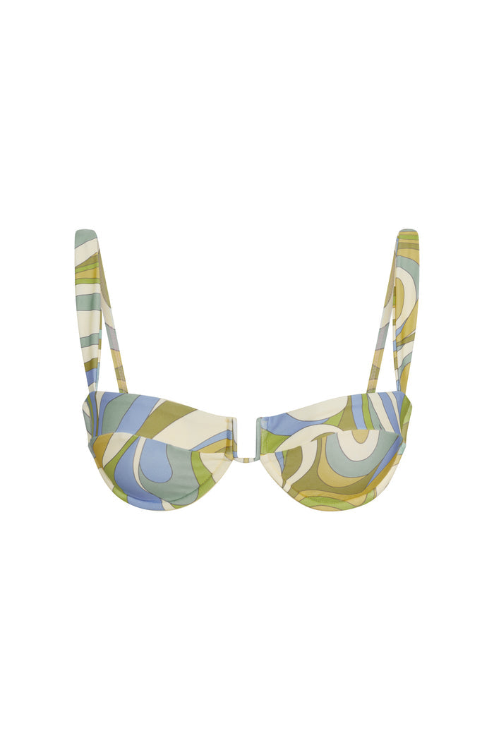 Front view of Cala Roja top in Costa Rei Apple print showcasing underwire cups and adjustable straps on white background