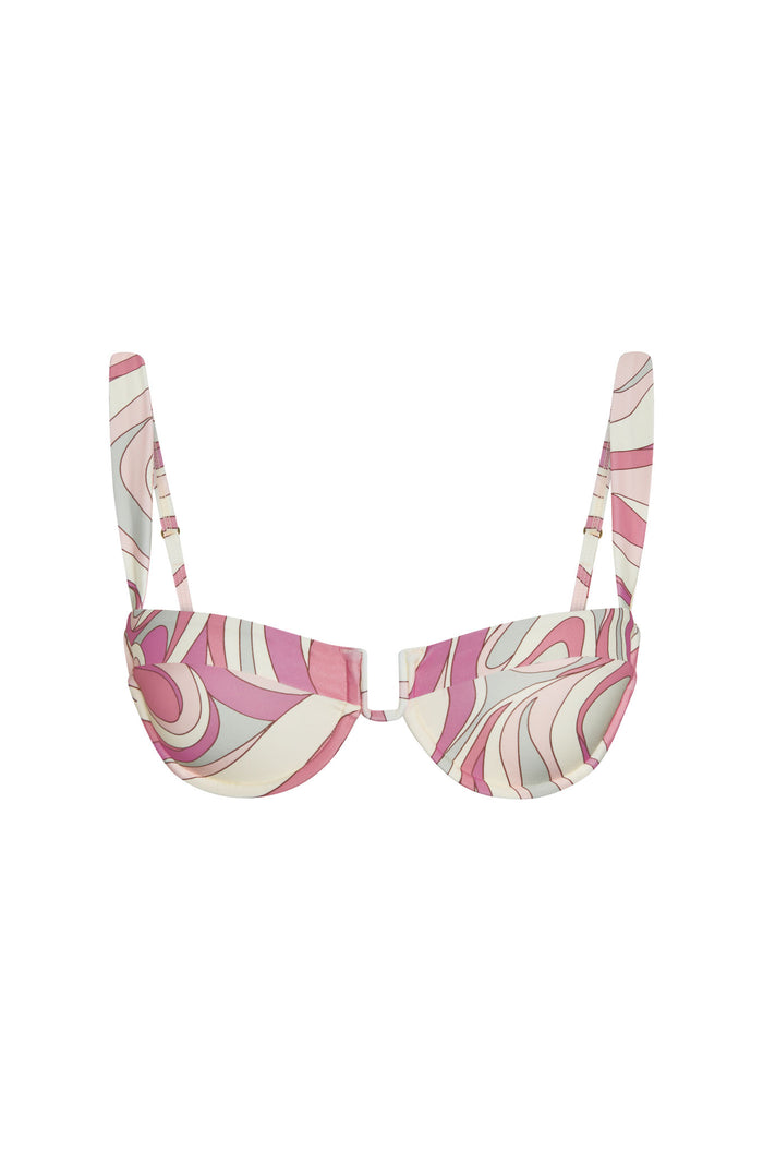 Front of Cala Roja Top in Costa Rei Pink with underwire cups, soft u-wire center and wide adjustable straps on white