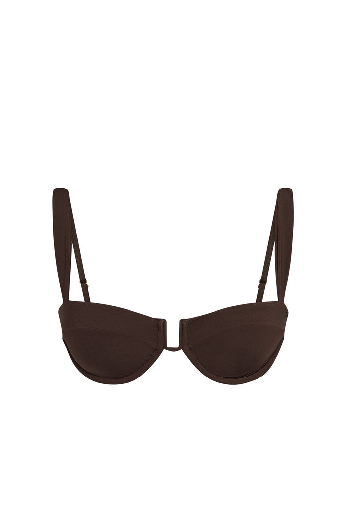 Front of Cala Roja Top in espresso, balconette underwire cups with center cutout and adjustable straps on white background