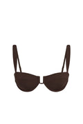 Front of Cala Roja Top in espresso, balconette underwire cups with center cutout and adjustable straps on white background