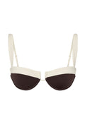 Underwire balconette bra with cream top band, dark brown cups and adjustable cream straps on white background.