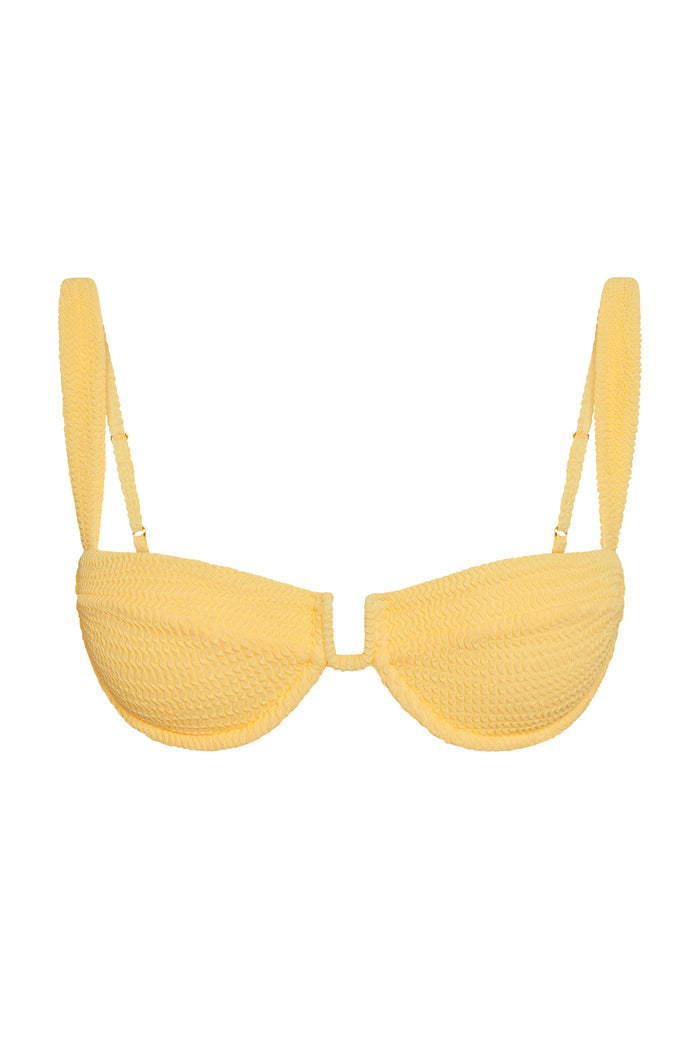 Front view of Cala Roja Top, Honey Crinkle, showing crinkle texture, balconette underwire and adjustable straps