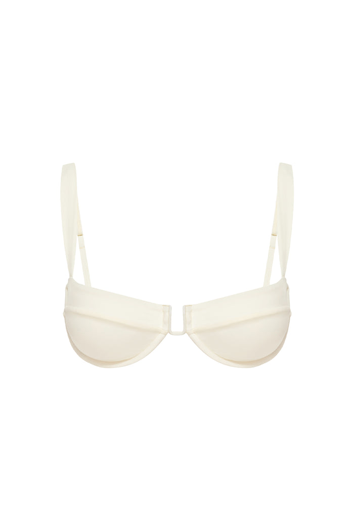 Front view of Cala Roja Top in ivory showing underwire cups, U-shaped center and adjustable straps on white background