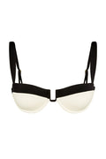 Front view of Cala Roja Top, balconette underwire swim top in ivory with black trim and adjustable straps on white background