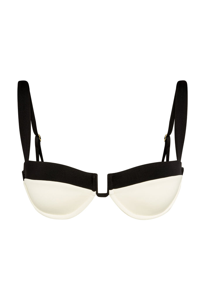 Front view of Cala Roja Top, balconette underwire swim top in ivory with black trim and adjustable straps on white background