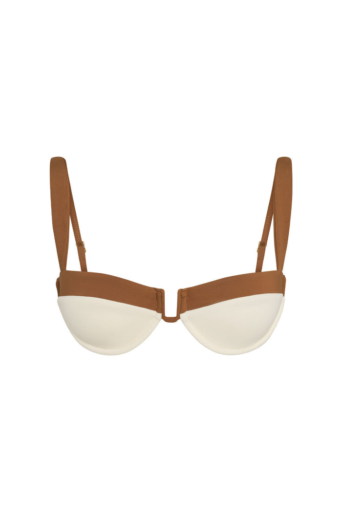 Front view of Cala Roja Top in ivory and caramel with molded underwire cups, U-shaped center and adjustable straps on white