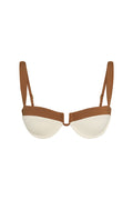 Front view of Cala Roja Top in ivory and caramel with molded underwire cups, U-shaped center and adjustable straps on white