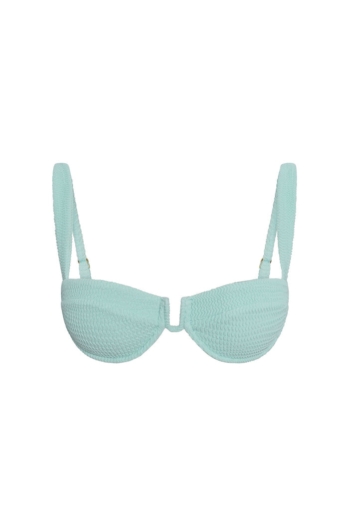 Front view of Cala Roja top in light slate crinkle with V-wire center, adjustable straps and textured fabric on white background
