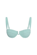 Front view of Cala Roja top in light slate crinkle with V-wire center, adjustable straps and textured fabric on white background