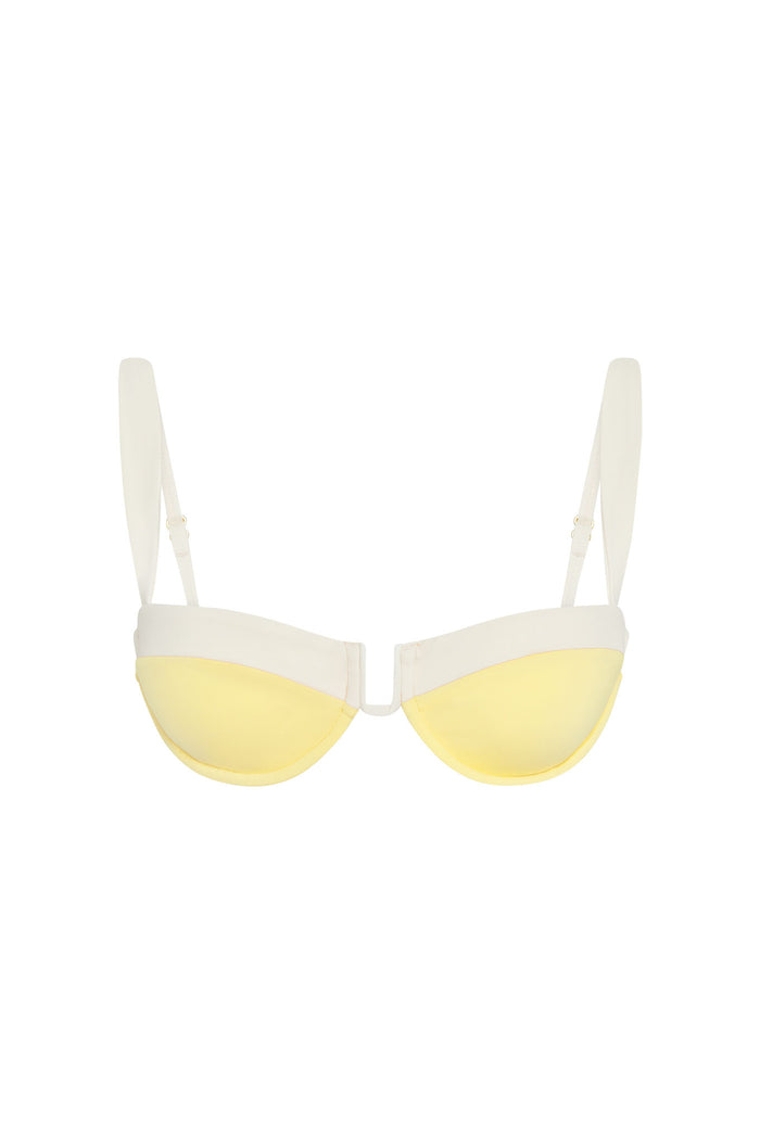 Front view of Cala Roja Top in Meyer Ivory showing underwire cups, soft U-wire detail, and wide shoulder straps on a white background