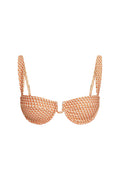 Front view of Cala Roja top with underwire balconette cups, adjustable straps, orange micro-geo pattern on white background