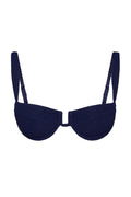 Front view of Cala Roja bikini top in Midnight Crinkle with underwire cups and adjustable straps on white