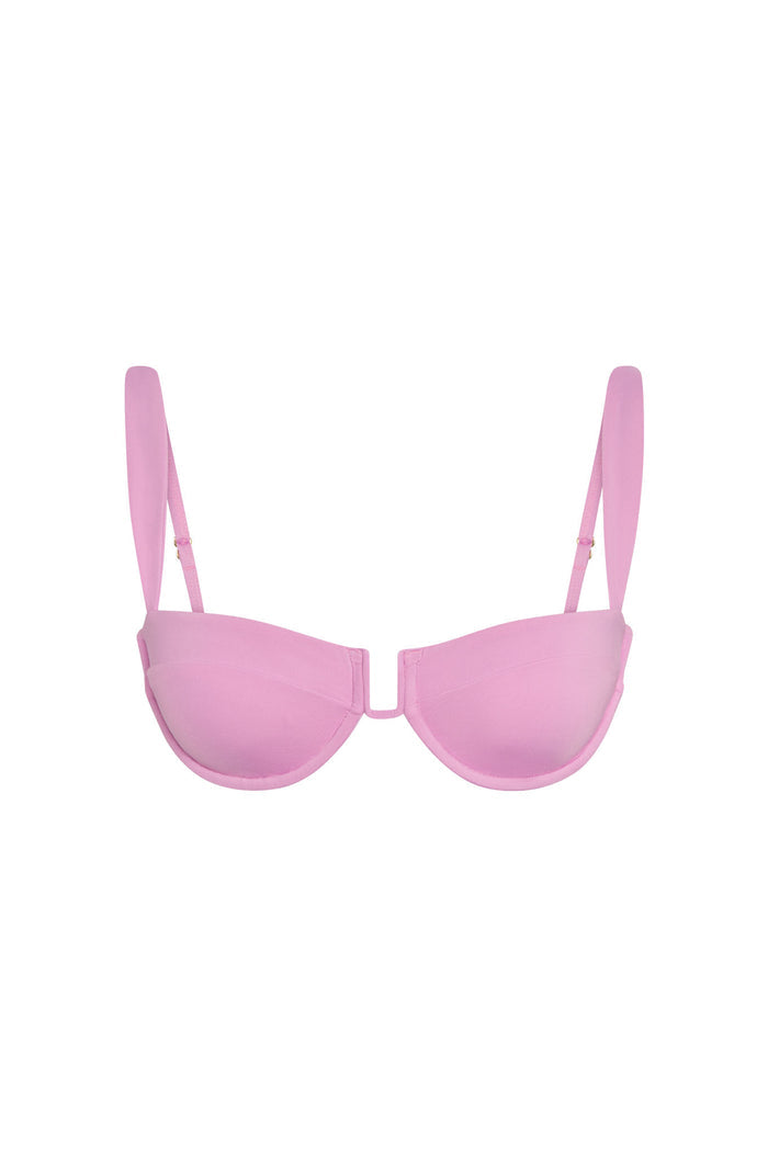 Front view of Cala Roja Top Moonlight showing underwire cups, U wire center and wide supportive straps on white background