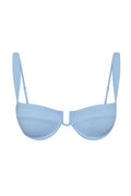 Front view of Cala Roja Top in sky rib with underwire cups, U-shaped center and adjustable straps on white background
