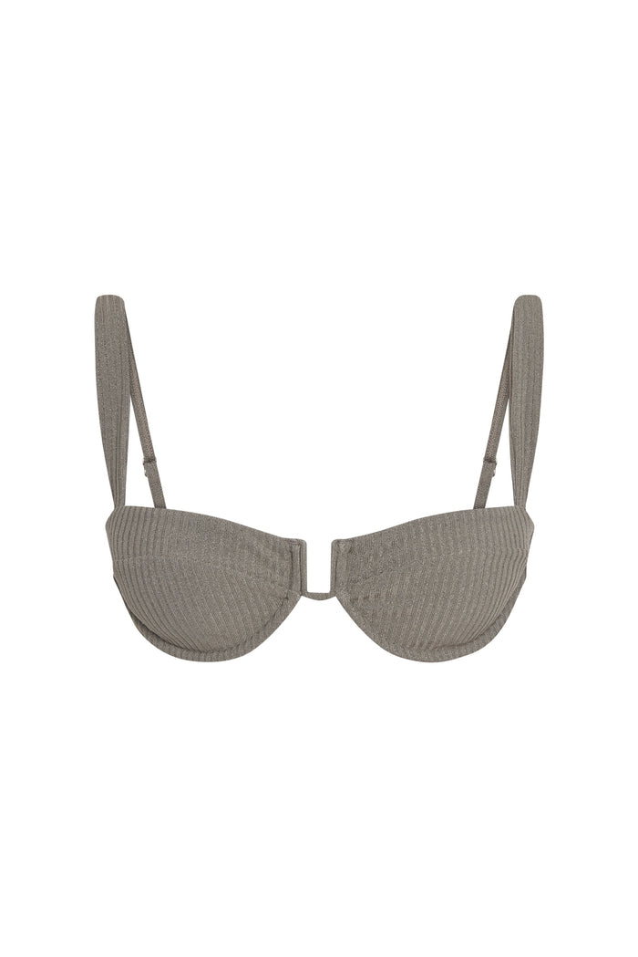 Front view of Cala Roja top in steel lurex rib showing underwire cups, adjustable straps and ribbed metallic fabric