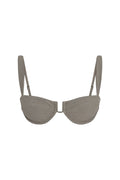Front view of Cala Roja top in steel lurex rib showing underwire cups, adjustable straps and ribbed metallic fabric