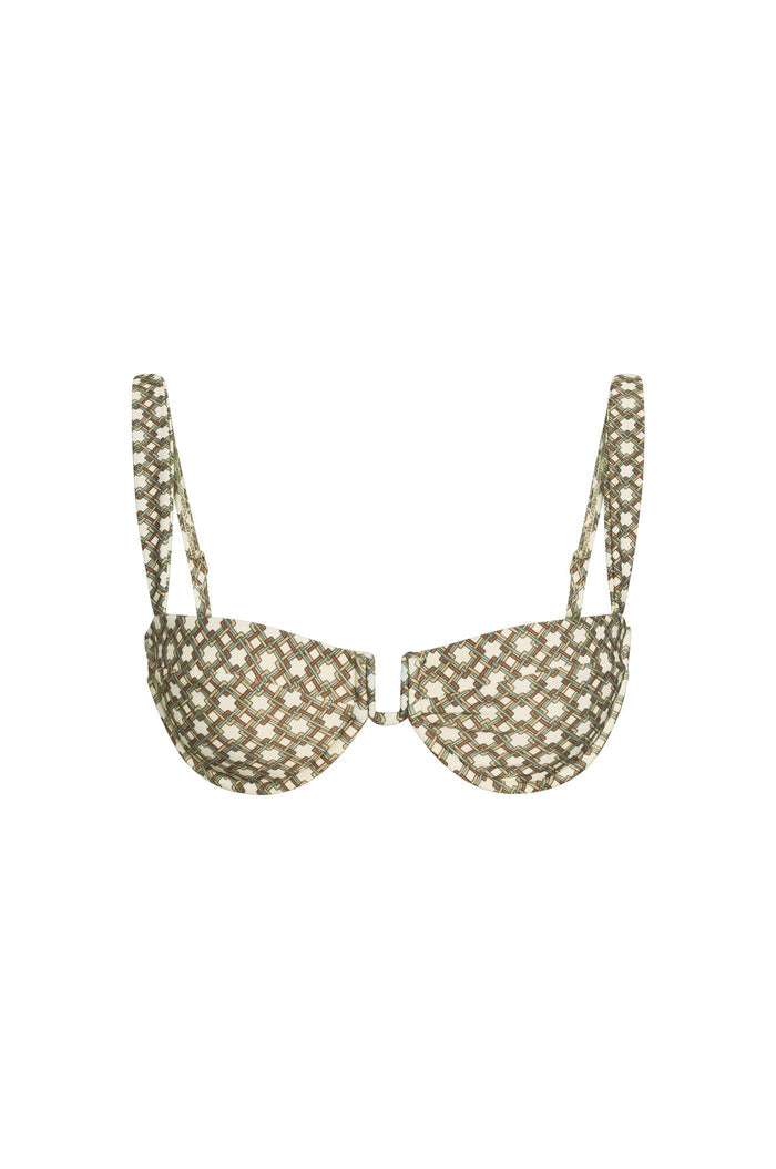 Front view of Cala Roja Top Tile Geo bikini top, underwire cups, adjustable straps, tile geo print on white background