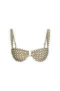 Front view of Cala Roja Top Tile Geo bikini top, underwire cups, adjustable straps, tile geo print on white background