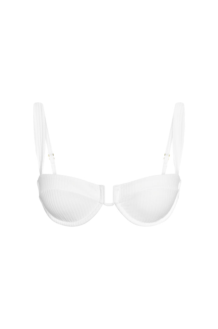 Front view of Cala Roja Top in optic white rib showing underwire cups, soft U-wire, ribbed fabric and adjustable wide straps