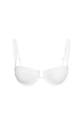 Front view of Cala Roja Top in optic white rib showing underwire cups, soft U-wire, ribbed fabric and adjustable wide straps