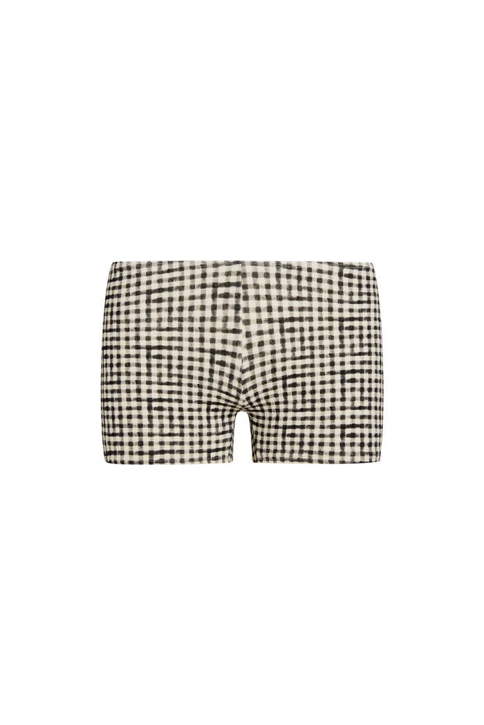 Front view of Cali Short in black gingham showcasing low-rise fitted pull-on shorts on white background