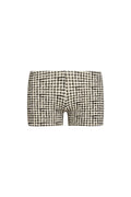 Front view of Cali Short in black gingham showcasing low-rise fitted pull-on shorts on white background