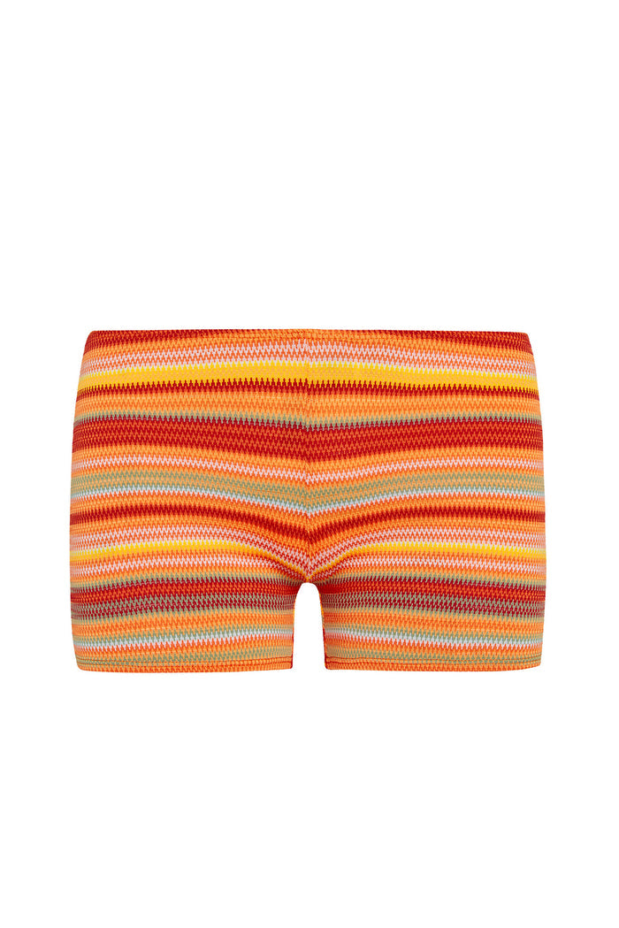Front view of Cali Short in Sardinia Stripe showing textured multicolored horizontal knit stripes on white background