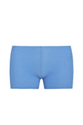 Front view of Cali Shorts in Azure Crinkle showcasing low-rise fit and crinkle texture on white background