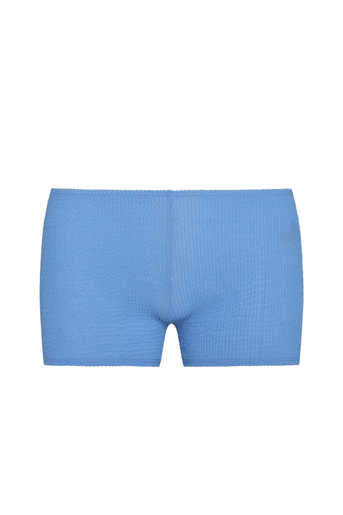 Front view of Cali Shorts in Azure Crinkle showcasing low-rise fit and crinkle texture on white background