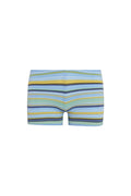 Front of Cali Shorts - Sardinia Stripe Azure showing low-rise pull-on fit and multicolor stripe knit on white background