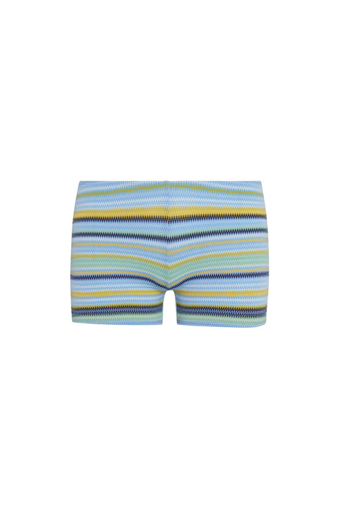 Front of Cali Shorts - Sardinia Stripe Azure showing low-rise pull-on fit and multicolor stripe knit on white background