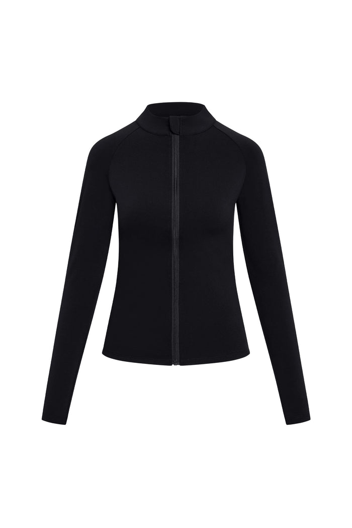 Black women's long-sleeve zip-front jacket with stand collar and fitted waist