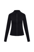 Black women's long-sleeve zip-front jacket with stand collar and fitted waist