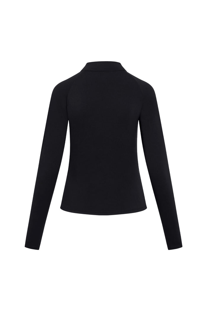 Back view of Cambria Jacket in black showcasing fitted silhouette, mock neck and long sleeves on white background