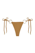 Front view of Cannes bottom in Gold Lurex Rib with ribbed shimmer fabric, adjustable side ties and gold ring on white